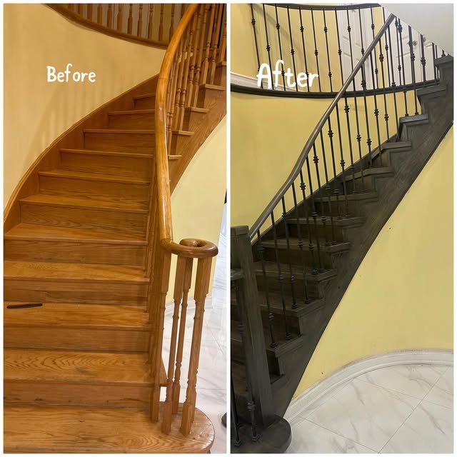 Staircase renovation before and after, oak stairs refinished in dark stain, Brampton